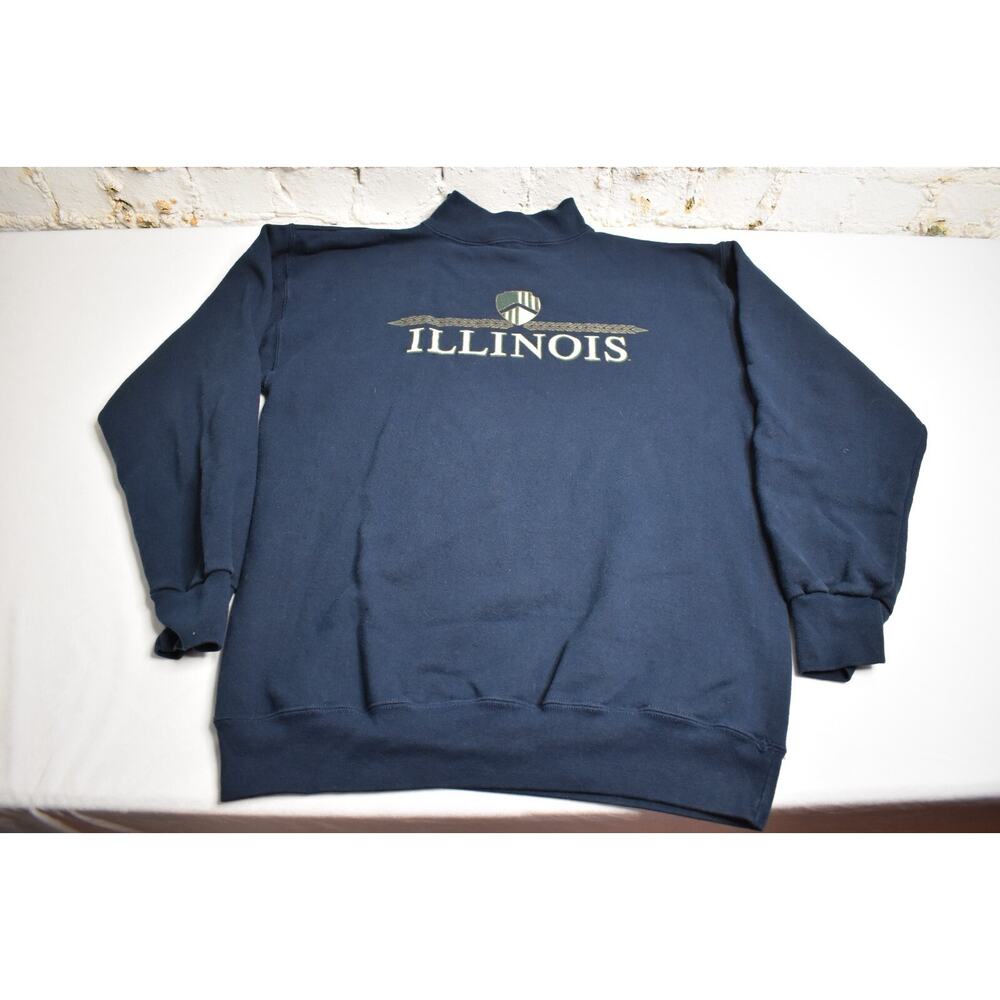 VTG 90s Illinois Spell Out Navy Blue Sweatshirt Mock Neck Size L USA Made